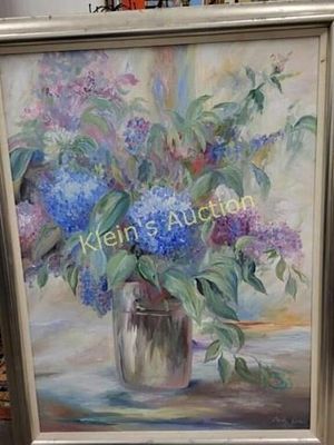 impressionist still life bouquet orig Emily James. it features a bouquet of blue and purple 