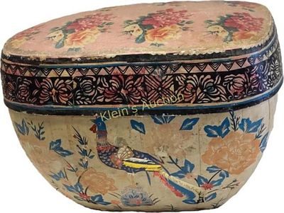 large 19th C paper mache Chinese box w/lid bird de. larger size 13" tall 19" wide 16" deep great 