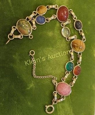 gold filled gemstone scarab Bracelet 7 3/4. all hand carved gemstone with safety chain marked 