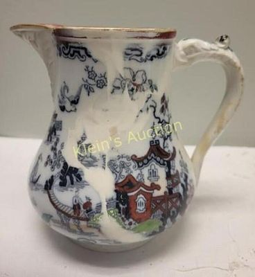 antique Mason's Ironstone Pitcher serpent shaped. handle and colorful pagoda or chinoiserie 