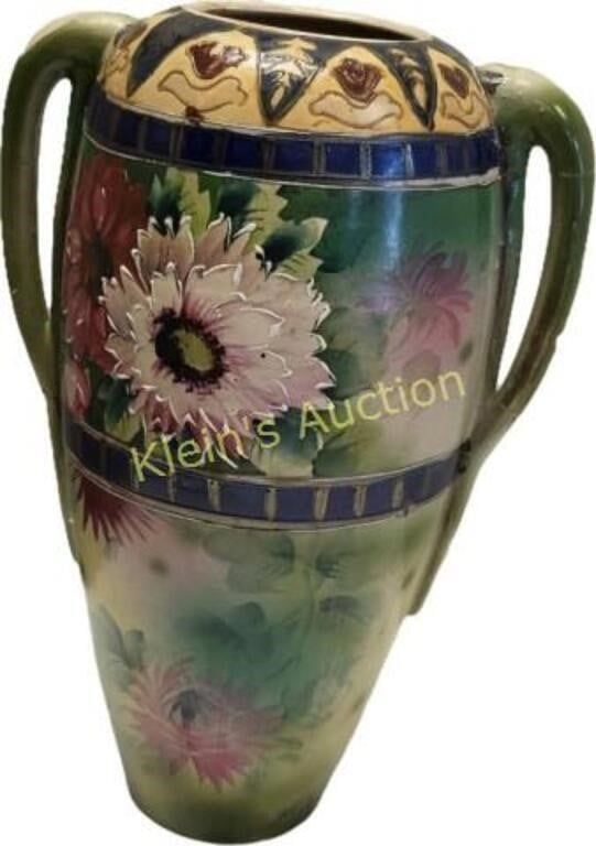 antique Japanese royal nishiki Nippon vase 16" tal. hand decorated raised floral double handled 