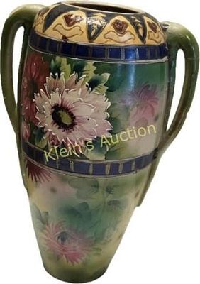antique Japanese royal nishiki Nippon vase 16" tal. hand decorated raised floral double handled 