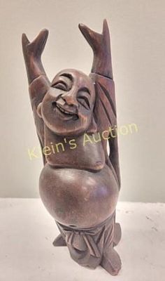 hand carved wood laughing buddha figurine. republic of china made in tawain orig sticker on 