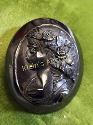 antique carved cameo jet or bakelite large 47.3mm. 39.9 mm wide antique hook style late 1800's 