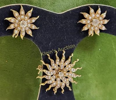 Victorian revival starburst 14K seed pearl & mine. victorian revival starburst 14K seed pearl 