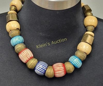 vtg chunky fun necklace wood & brass?. 20" long seepics
