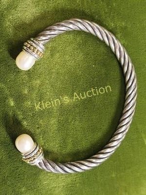 vtg sterling &amp; pearl cable bracelet signed 925D in a square David yurman? or yurman style 