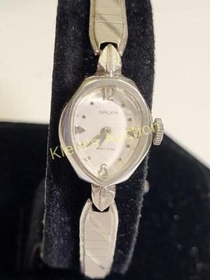14K white gold gruen 17 jewel watch works. gorgeous solid 14K white gold case w/duchess 1/20th 