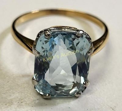 antique 14K rose & platinum top ring w/4 carat apx. radiant cut aquamarine siz 8 1/4 ring 9.6mm 