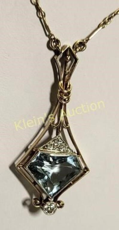 14K rose gold pendant necklace aquamarine & diamonds
1930 art deco rare shield cut aquamarine 