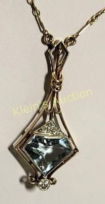 14K rose gold pendant necklace aquamarine &amp; diamonds1930 art deco rare shield cut 
