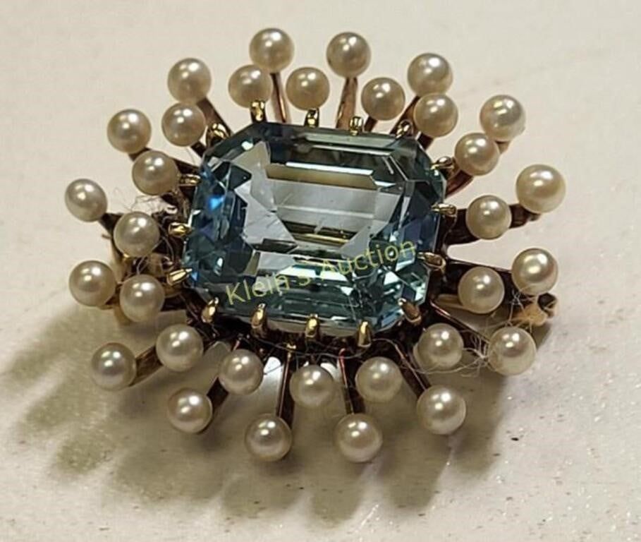art deco 14K sunburst aquamarine / Pearl brooch. 1930's 14K rose gold w/ 10.3 x 8.7 mm emerald 