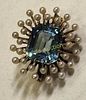 art deco 14K sunburst aquamarine / Pearl brooch. 1930's 14K rose gold w/ 10.3 x 8.7 mm emerald Image - 1