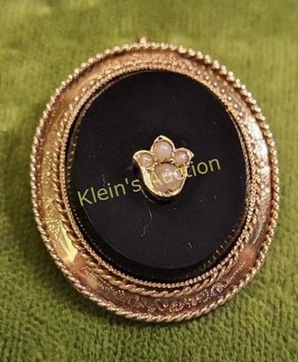 14K Victorian onyx & seed pearl pendant. gorgeous Victorian piece ready to put on your chain 