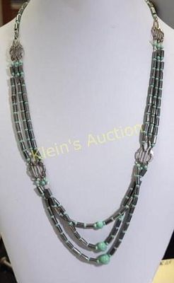 Navajo style triple strand vintage necklace. looks like 50's era mint green spacers all hand 
