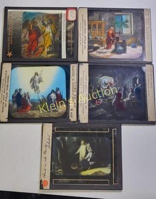 lot of 5 antique glass magic lantern slides. temptation, life of st paul, Christian luke 24:51 