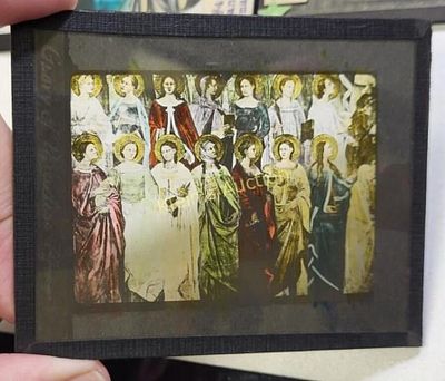 lot of 5 antique magic lantern glass slides. Christian , 3 1/4" x 4" glass slides all hand 