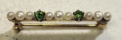 Victorian bar brooch 14K demantoid & pearls. stunning, from estate signed 14K gold and tested ! 