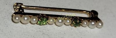 Victorian 14K gold &amp; demantoid garnet &amp; pearls broochvictorain bar brooch rare 14K 