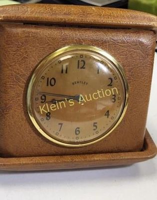 vtg bentley wind up clock travel clock by Lux. 4 1/2" wide leather style case fully wound not 
