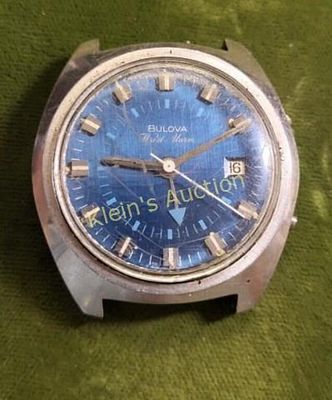 vtg bulova blue dial wrist alarm watch date too. N2 rare blue dial solid stainless steel see 