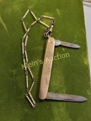 gold filled pocket knife & pocket watch chain. SC NY pocket knife, knife test's for 10k but 