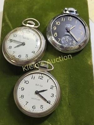 lot of 3 vtg pocket watches bulls eye & tower. for repair or parts see pics all 3 for one bid