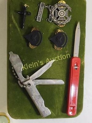 estate lot military pins, knives, specialist too. specialist cross grenade pin, knives all for 