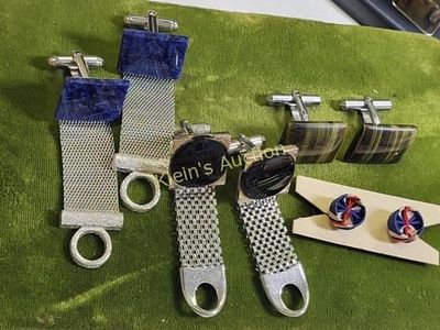 vtg high end gemstone cufflinks & France too. blue lapis? , onyx, tiger eyes, rare silk france 