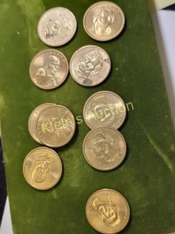 lot of 10 gold tone us coin dollars sacagawea too. presidential dollars too all 10 forone bid seepics