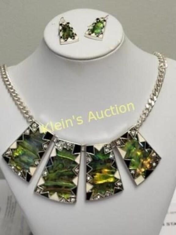 enameled necklace & earrings abalone & rhinestone. abalone, rhinestones & enameled necklace & 
