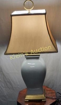 uttermost Rory style lamp ceramic dove gray 33". from estate with shade 16" wide lamp s 33" tall 