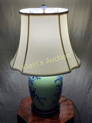 Celadon & Cobalt ginger Jar porcelain lamp. gorgeous 25" tall from estate 16" wide shade , and 