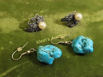 sterling earrings marcasite & turquoise lot of 2. turquoise & sterling earrings and pearl & 