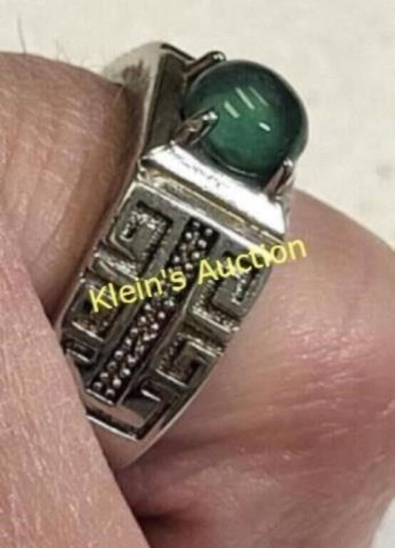 green cabochon ring greek key design. currently size 8 1/2 but adj see pics