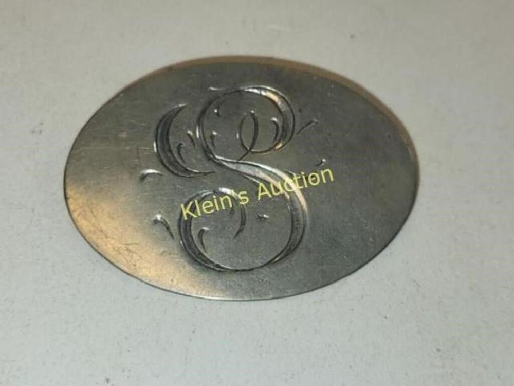 silvertone initial brooch pin 1920's -30's era. 2 5/8" x 1 7/8" 1920 to 30's era see pics