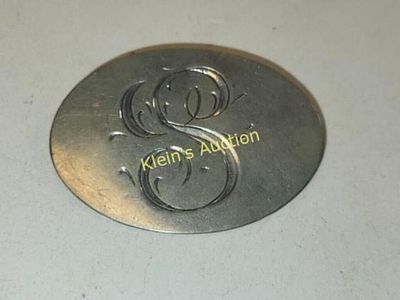 silvertone initial brooch pin 1920's -30's era. 2 5/8" x 1 7/8" 1920 to 30's era see pics