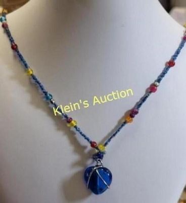 glass beads necklace with heart pendant. looks like all hand made 24" long with wire wrapped 