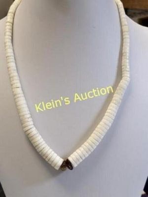 tiger's eye & heishi white shell necklace. 17" graduating hand carved heishi shell with center 