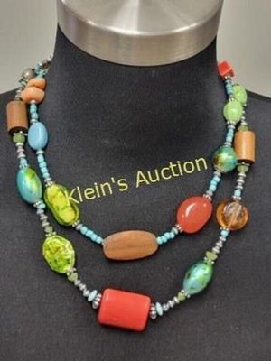 multi glass & wood necklace. double strand 2 length see pics