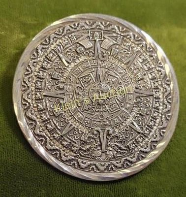 sterling silver Aztec Mayan sun calendar brooch. pendant 2 1/8" wide signed on back can be worn 