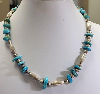 Navajo sterling & turquoise necklace torpedo beads. early torpedo beads in sterling and hand 