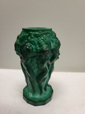 art deco green malachite glass dancing nymphs vase . no damage attributed to curt schlevogt or 