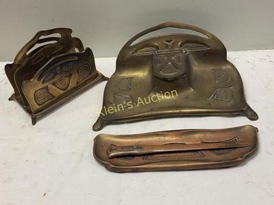 Art Nouveau desk set bronzed by Bradley & Hubbard . letter holder #3182, inkwell desk #3183, Pen 
