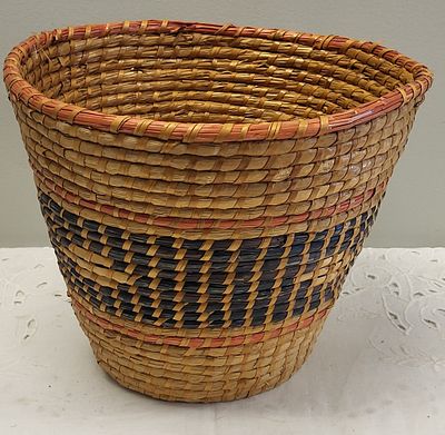 vtg coiled native american basket geometric design. 9" tall x 10"wide at top all hand made and 