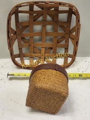 pair of vtg baskets tobacco & tight weave. tobacco basket is 12" x 12" square other basket has 