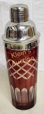 vtg MCM cocktail shaker ruby cut glass . 10 1/2" tall 3 1/4" wide bar ware super clean 