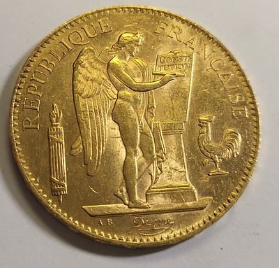 1906 A France 100 franc gold coin au-bu angel. gorgeous estate coin minted in Paris according to 