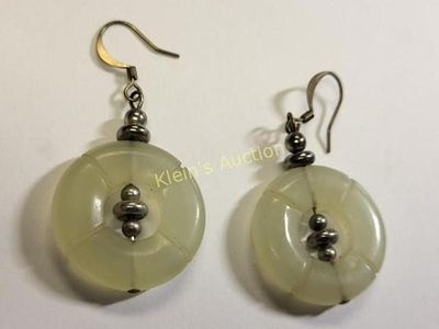 lime green jade? earrings cold to the touch. very pretty 1" circle for pierced ears see pics