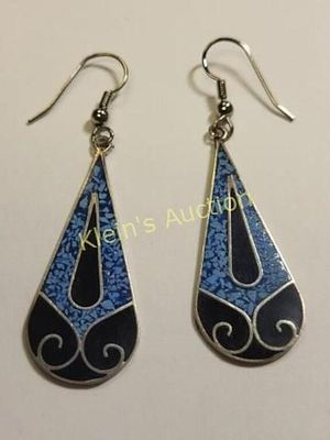 mexico alpaca silver earrings turquoise & onyx. very elegant for pierced ears 2" long see pics